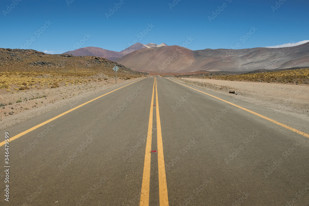 Surroundings and way to Red Rock. Flamingos National Reserve Conaf. San Pedro de Atacama, Antofagasta - Chile. Desert. Andes Range & Route 23.