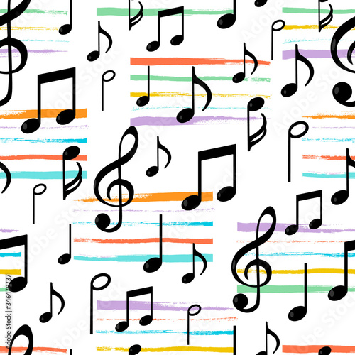 Music notes seamless pattern with paint stripes. Vector illustration