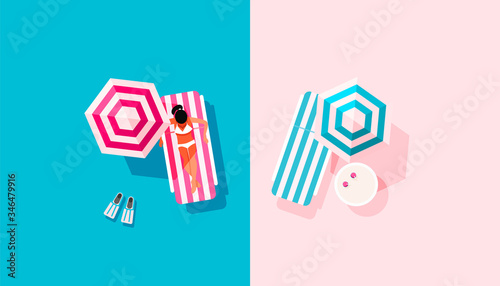 Top view of woman in a swimsuit sunbathes on a striped deck chair under sun umbrella on pink blue background with copy space. Illustration