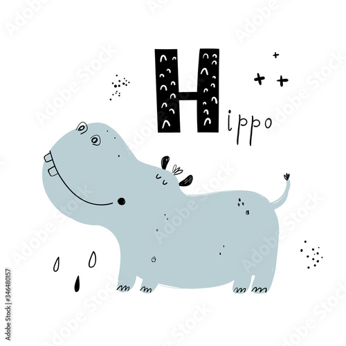 Vector hand-drawn baby illustration with hippo and letter H. ABC book. Cute zoo alphabet with funny animals. Letters. Learn to read. Isolated. For kids. Alphabet. Letter H.
