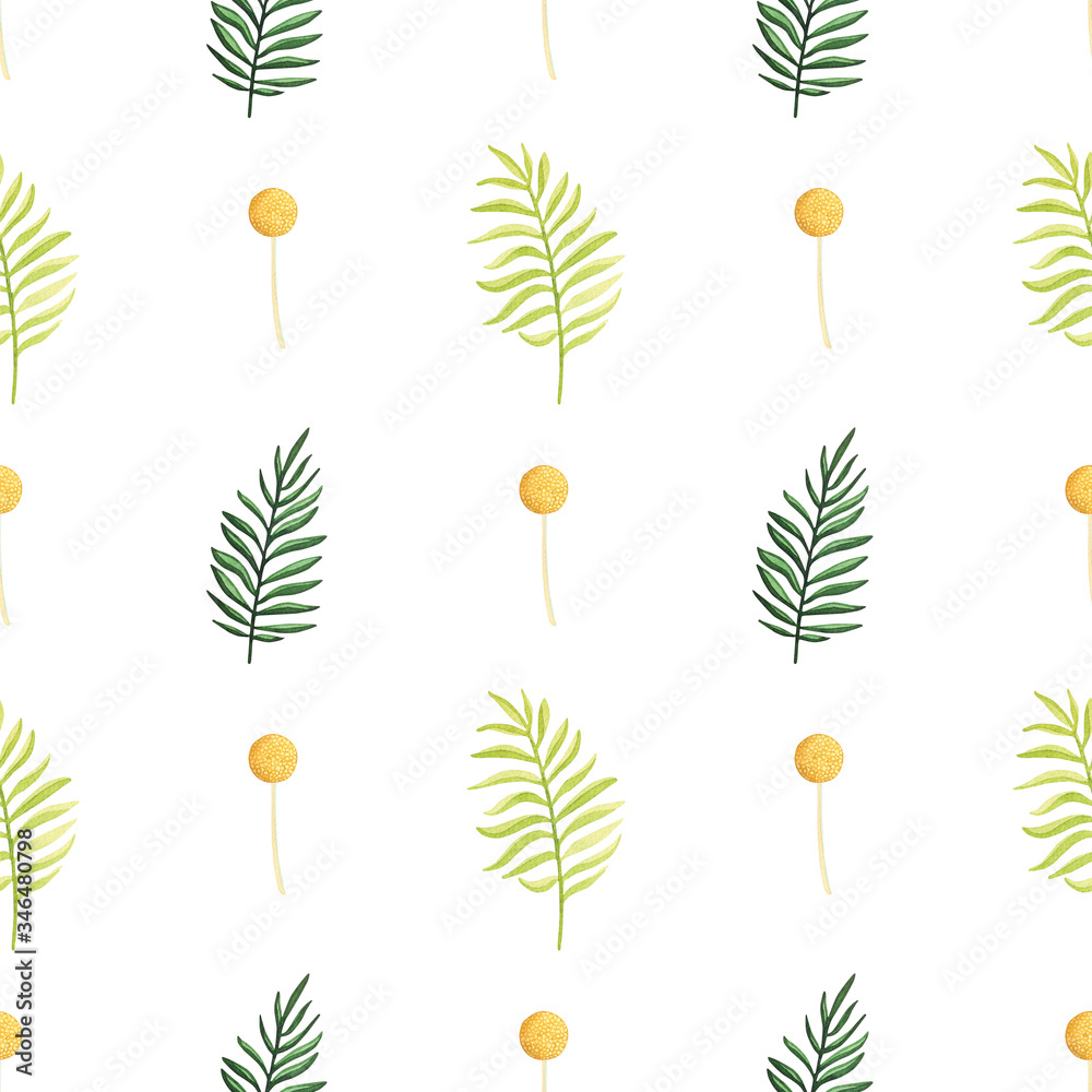 Watercolor seamless pattern with palm branches isolated on white background.Cute print with ferns and craspedia.
Watercolor seamless pattern with palm branches isolated on white background.Cute print with ferns and craspedia.