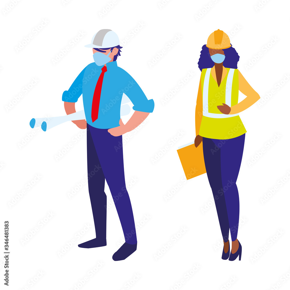 Industrial workers couple working with face mask Industrial workers couple working with face mask