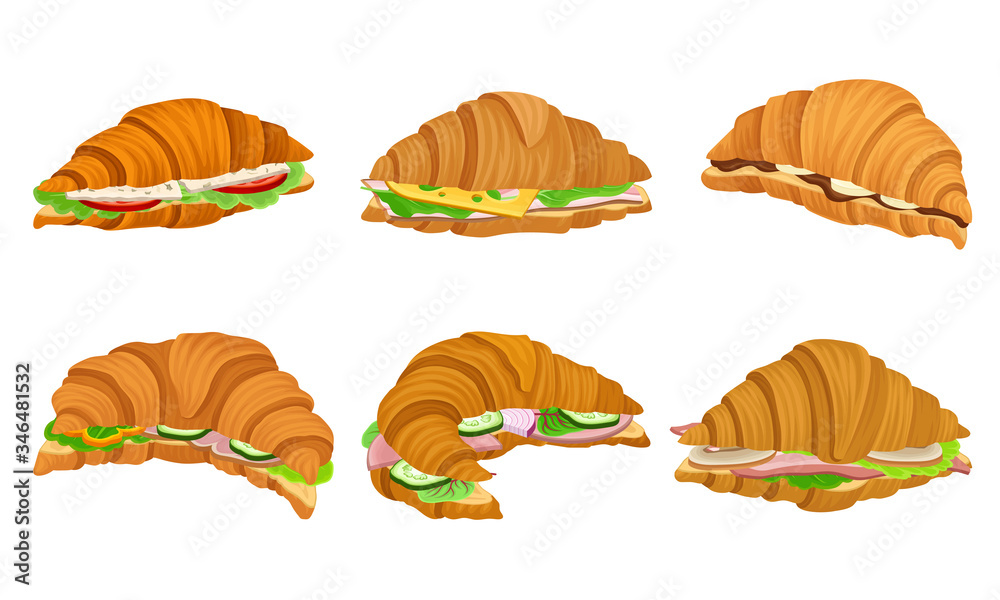 French Crunchy Croissants with Different Stuffing Like Sliced Bacon and Cheese Vector Set French Crunchy Croissants with Different Stuffing Like Sliced Bacon and Cheese Vector Set