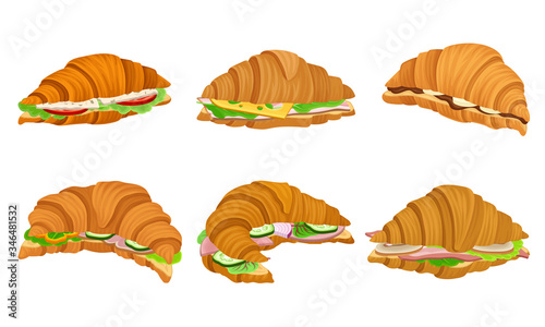 French Crunchy Croissants with Different Stuffing Like Sliced Bacon and Cheese Vector Set