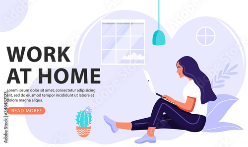Work at home concept template. Woman freelancer working on laptop. Quarantine illustration for stop the coronavirus pandemic. Healthcare vector landing page, website and banner illustration.