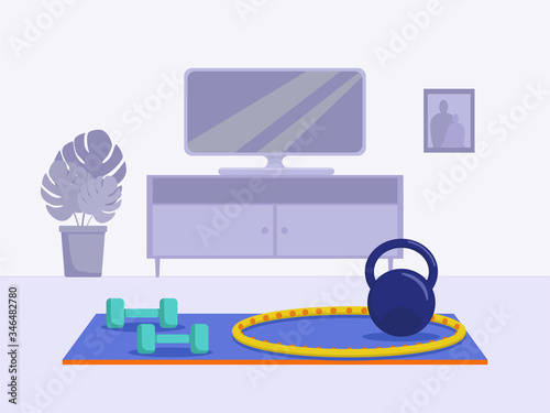 Flat vector illustration: home sports equipment. Kettlebell, dumbbell, hula hoop.