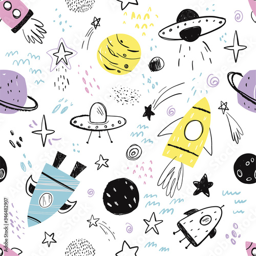 Vector hand-drawn seamless repeating color simple flat pattern with different rockets, planets and doodles on a white background. Seamless pattern with rockets. Space. Spaceship.
