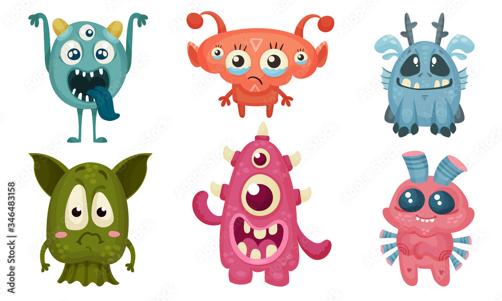 Obraz premium Big Eyed Monsters with Horns Expressing Emotions Vector Set