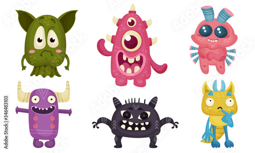 Big Eyed Monsters with Horns Expressing Emotions Vector Set