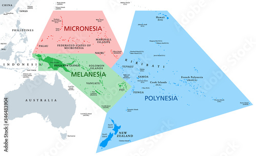 Obraz na plátne Melanesia, Micronesia and Polynesia, political map