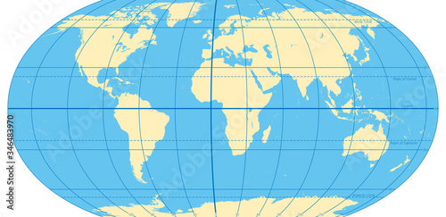 World map with most important circles of latitudes and longitudes, showing Equator, Greenwich meridian, Arctic and Antarctic Circle, Tropic of Cancer and Capricorn. English. Illustration. Vector. photo