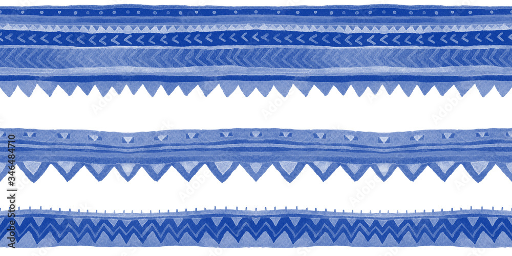 Blue tribal seamless borders with stripes and ornament. Watercolor raster ethnic design element. Blue tribal seamless borders with stripes and ornament. Watercolor raster ethnic design element.