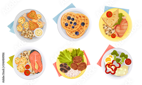 Meal Served on Plate with Napkin Rested Underneath it Top View Vector Set