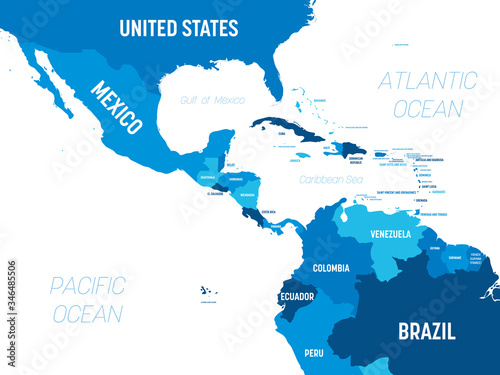 Central America map - green hue colored on dark background. High detailed political map Central American and Caribbean region with country, capital, ocean and sea names labeling
