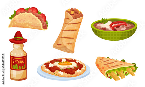 Mexican Snacks and Dishes Vector Set. Appetizing Traditional Courses and Starters Collection