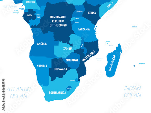 Southern Africa map - green hue colored on dark background. High detailed political map of southern african region with country, capital, ocean and sea names labeling