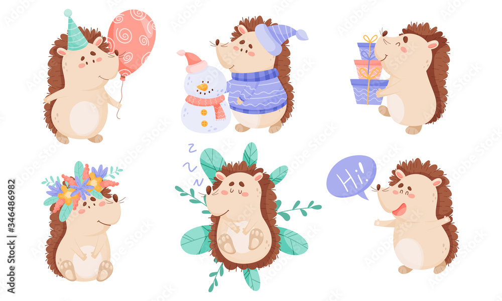 Barbed Hedgehog Character Carrying Pile of Gift Boxes and Building Snowman Vector Set