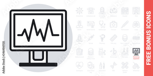 Medical diagnostic or monitoring equipment icon. Simple black and white version. Free bonus icons kit included