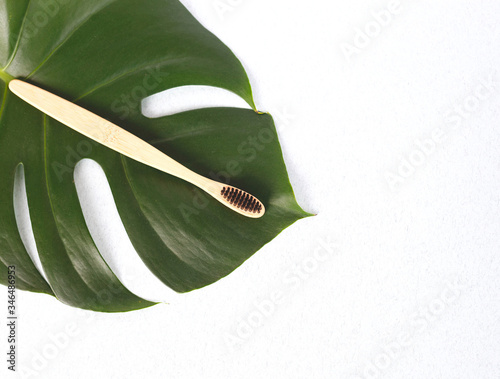 The concept of zero waste. bamboo toothbrush on a manstera leaf photo