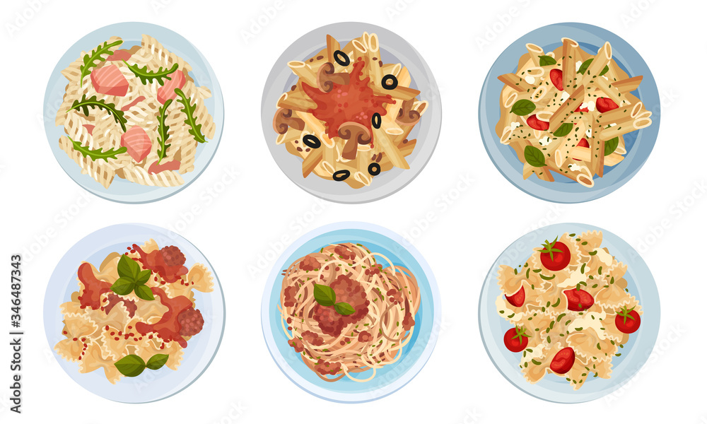 Different Pasta Served on Plate Top View Vector Set Different Pasta Served on Plate Top View Vector Set