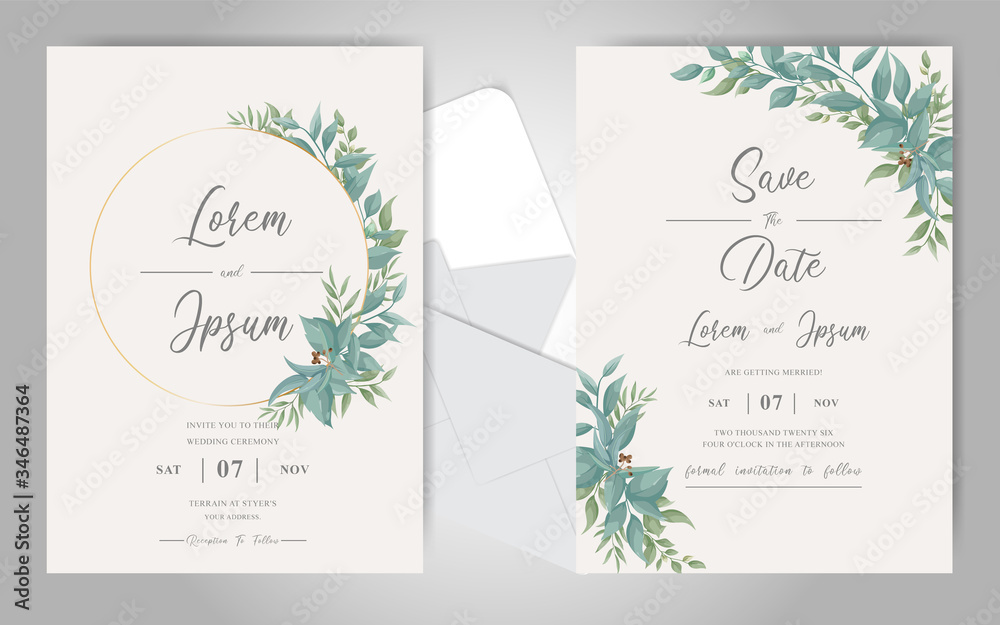 Editable wedding invitation card template with Greenery ornament