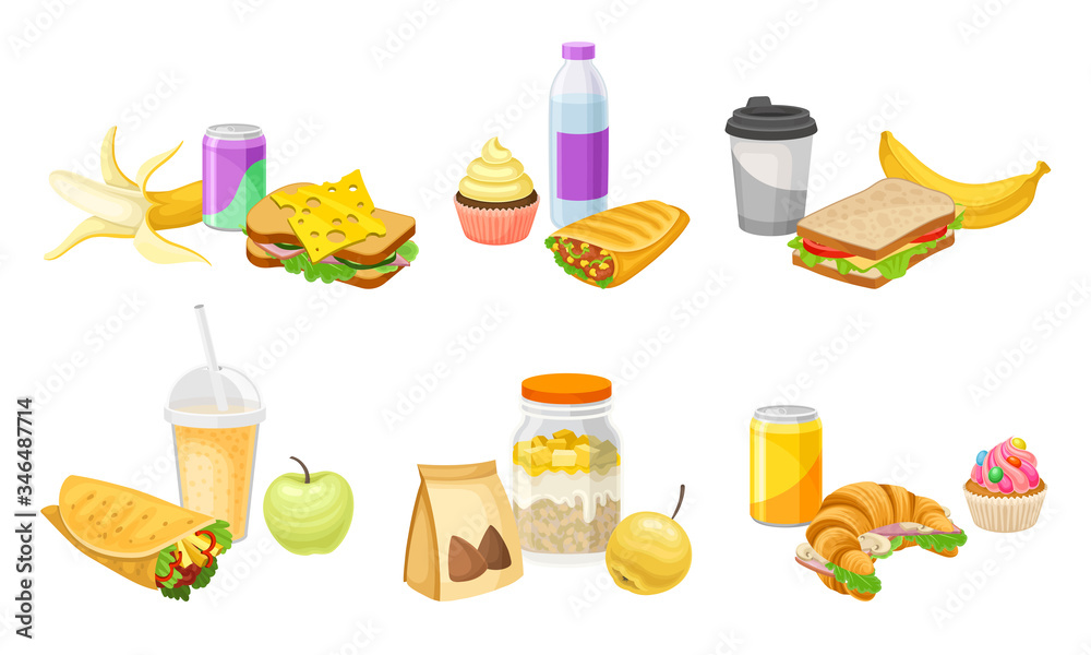 Fast Food Snacks and Drinks Isolated on White Background Vector Set