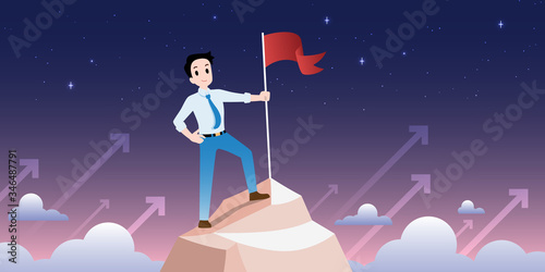 Worker flag on top mountain success career path achievement concept