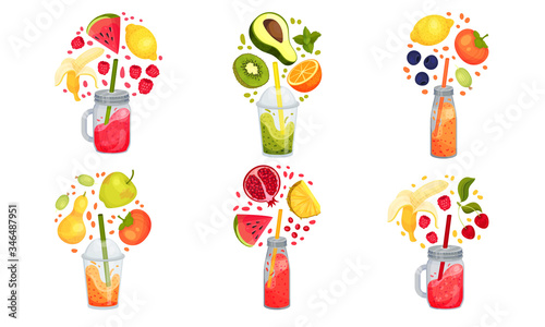 Bright Sweet Smoothies in Jars with Straw Sticked out From it and Floating Around Ingredients Vector Set