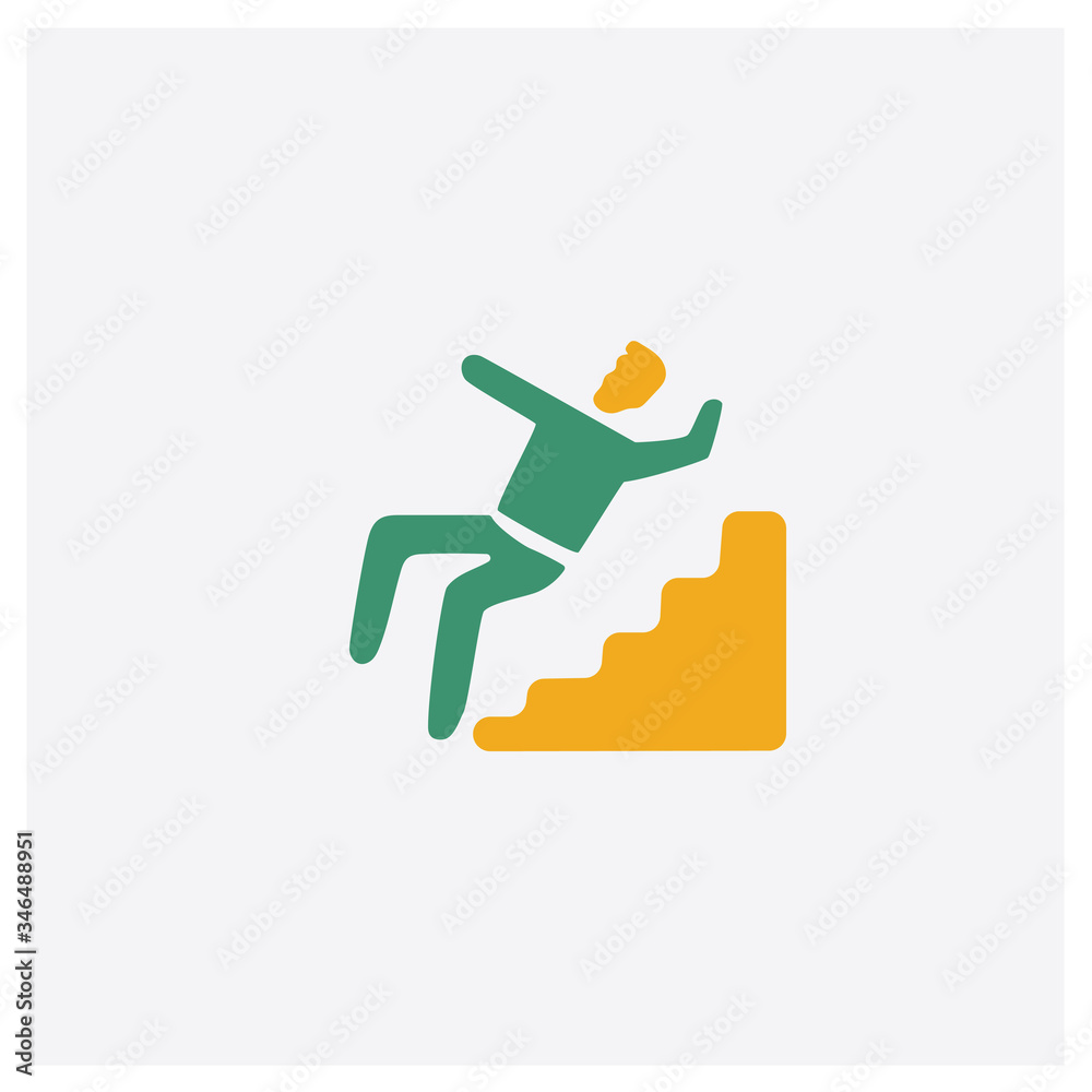 Falling from stairs concept 2 colored icon. Isolated orange and green Falling from stairs vector symbol design. Can be used for web and mobile UI/UX Falling from stairs concept 2 colored icon. Isolated orange and green Falling from stairs vector symbol design. Can be used for web and mobile UI/UX