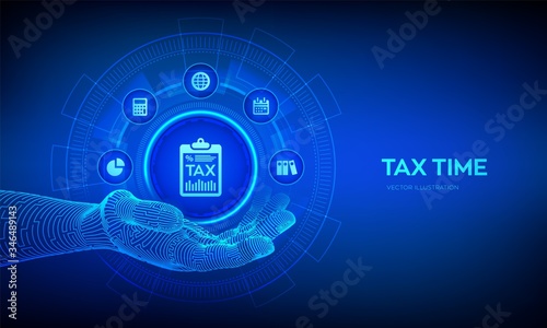 Tax icon in robotic hand. Concept tax payment. Data analysis, financial research report and calculation of tax return. Payment of debt. Government, state taxes. Vector illustration.