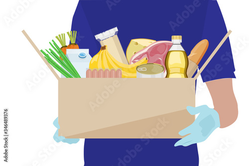 A man in protective gloves holds in his hands a cardboard box with food. Food delivery. Donations during the epidemic. Vector