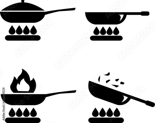 Frying pan or skillet and wok on stove cooking vector icon set