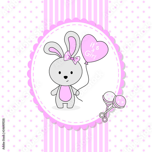 Baby girl shower card. Cute rabbit with heart shaped balloon