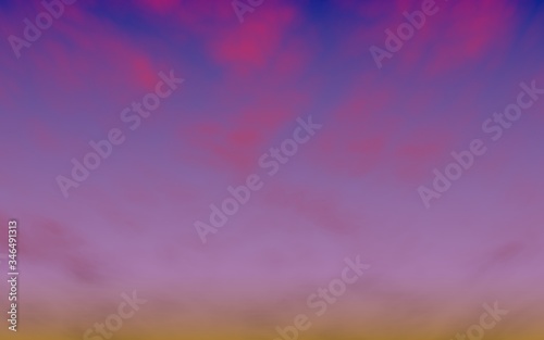 Cumulus pink clouds in the purple sky at sunset. Abstract group of clouds in the evening. 3D illustration