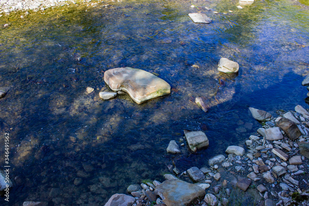 Stones that can be seen through the clear water of a shallow river. Big and small. There is a small green ooze at the bottom. Stones that can be seen through the clear water of a shallow river. Big and small. There is a small green ooze at the bottom.