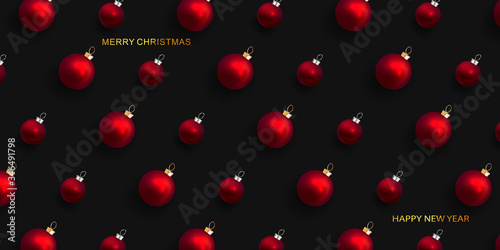 Christmas background with realistic Red Christmas balls. Dark Holiday's Background. Flat lay, top view.