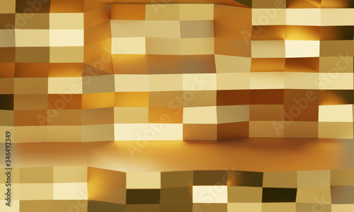 Golden mosaic interior. Abstract Gold polygonal wall and reflection, low-poly background, abstract gold background, faceted texture. 3d illustration