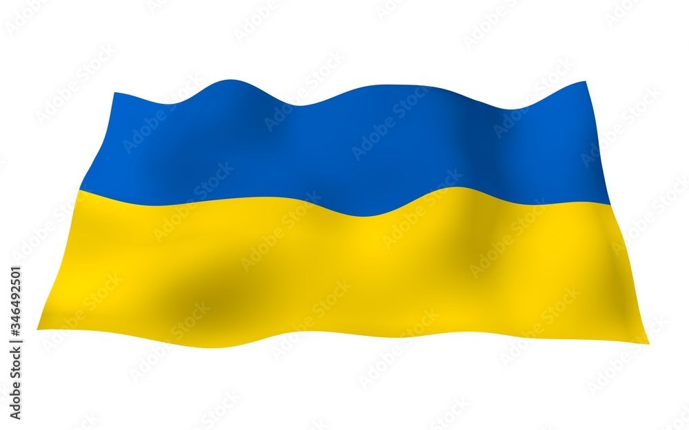 The flag of Ukraine on a white background. National flag and state ensign. Blue and yellow bicolour. 3D illustration waving flag The flag of Ukraine on a white background. National flag and state ensign. Blue and yellow bicolour. 3D illustration waving flag