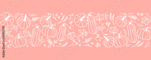 Beautiful pumpkin thanksgiving horizontal seamless pattern, cute cartoon pumpkins hand drawn background, great for seasonal textile prints, holiday banners, backdrops or wallpapers - vector surface