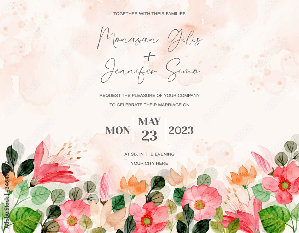 Fototapeta wedding invitation card with colorful floral blossom watercolor