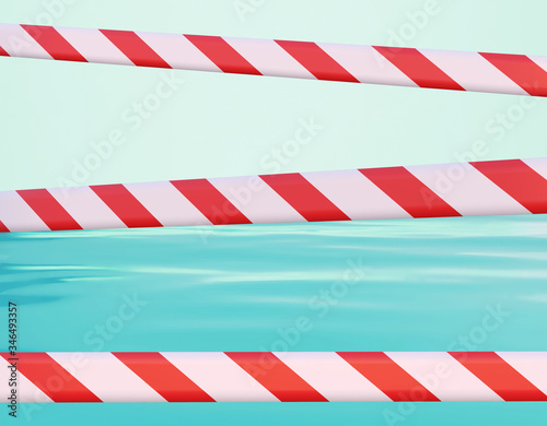 Closed beach with prohibition tapes. Blue surface of the sea. Delayed vacation background, tourism in decline, 3d render