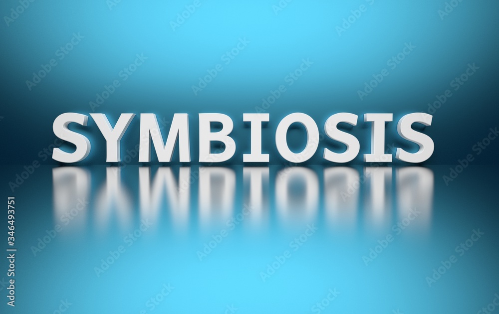 Bold white scientific term Symbiosis on blue backgound. 3d illustration.