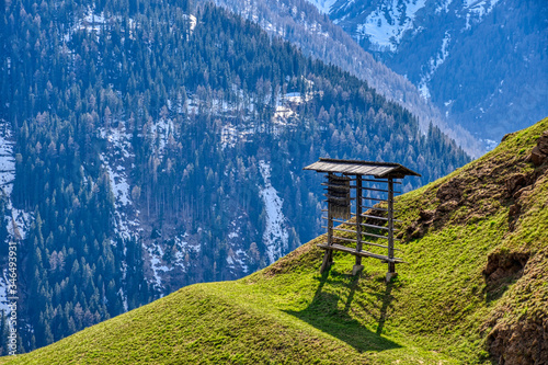 Innervillgraten, Villgraten, Osttirol, Frühling, Villgrater Berge, Deferegger Alpen, Bergbauernhof, Landwirtschaft, Kulturland, Weide, Wiese, Hang, Berg, Zentralalpen, Gebäude, Holzhaus, Landstraße, B photo