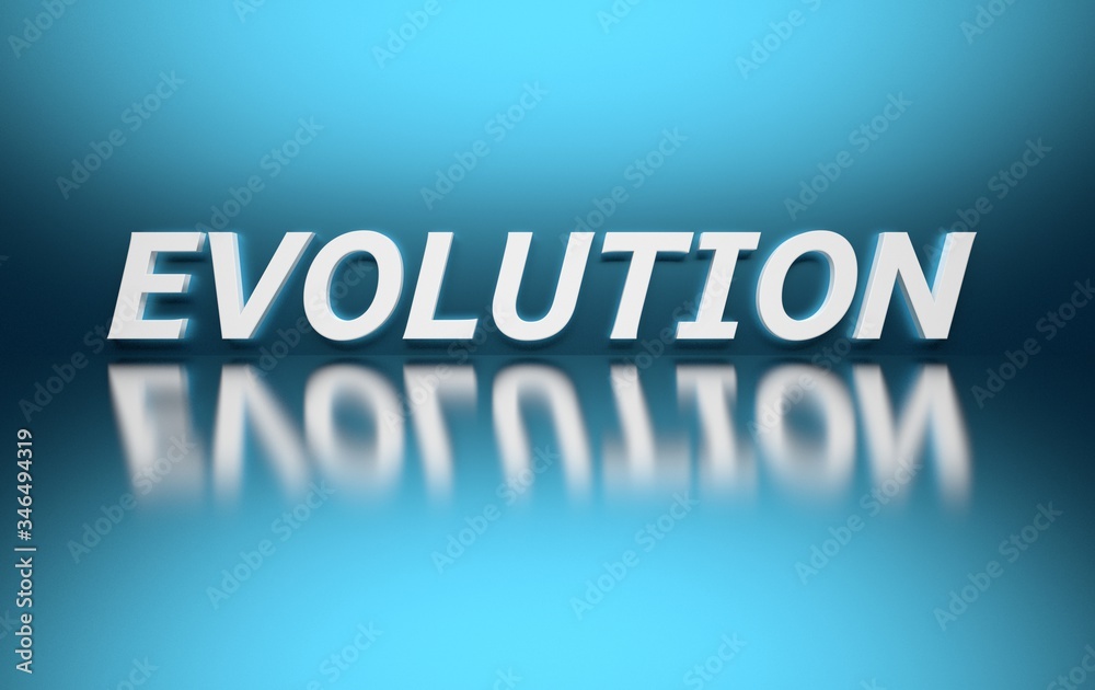 Word Evolution written in bold white italic letters on blue background over reflective surface. 3d illustration.
