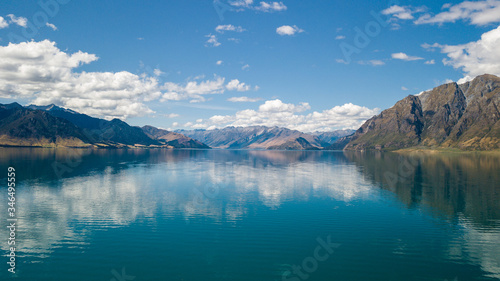 Reflection of lake Hawea in South island, New Zealand
