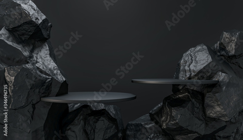 Stone and Rock shape 3d render illustration. Round podium, pedestal for brand product exhibition. Solid dark black color. Mockup template for ads design. 