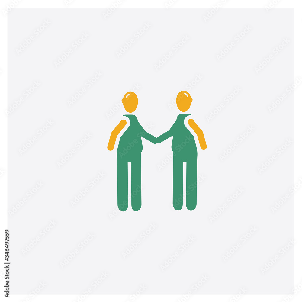 hand shake concept 2 colored icon. Isolated orange and green hand shake vector symbol design. Can be used for web and mobile UI/UX