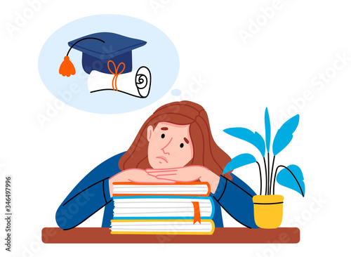 The girl is preparing for the exam. The student is worried about entering the university. The student is thinking about the future.Concept of finishing school and starting adult life.