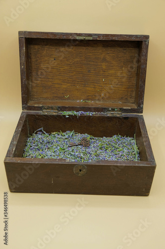 Brown vintage wooden chest with dried lavender flowers on a pastel background. The key in the chest. Copy space. Vertical image.