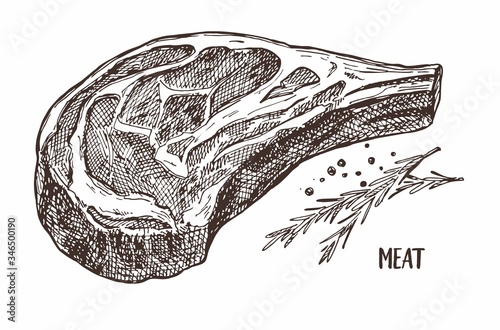 Vector image of a piece of meat. Farm products. Organic food Decorations for the menu of cafes and shop windows.